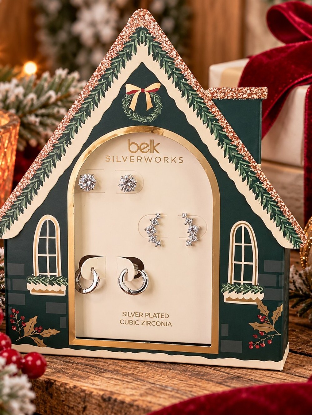 Belk Silverworks 3 Pair CZ Stud & Hoop Holiday Earring Gift Set NWT